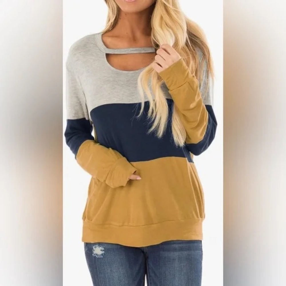 Colorblock Women's Long Sleeve Top Cutout Lightweight Sweatshirt Fall Medium M - Picture 2 of 9